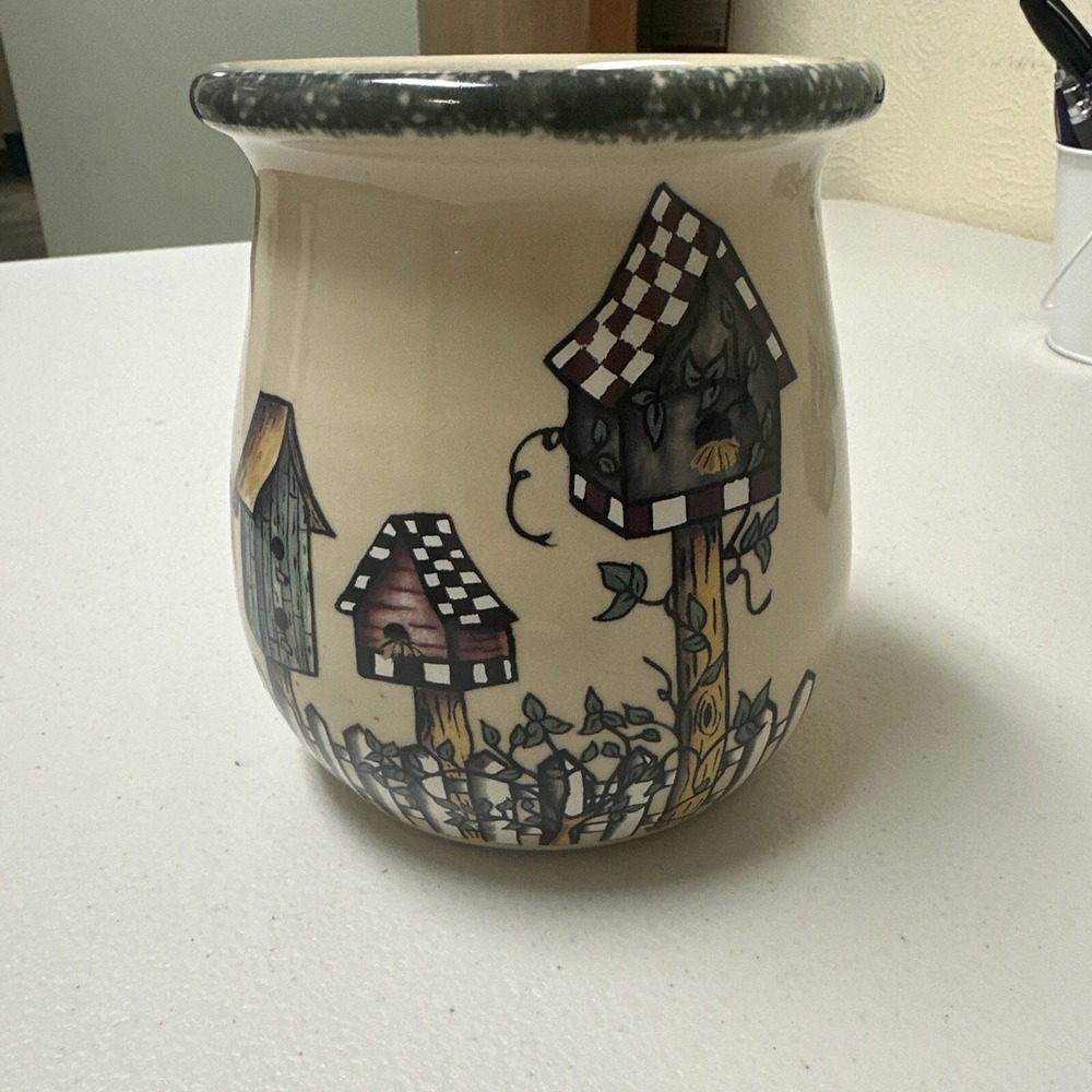 Stoneware Pottery Utensil Holder By Home & Garden‎ Party Birdhouse Crock Jar USA